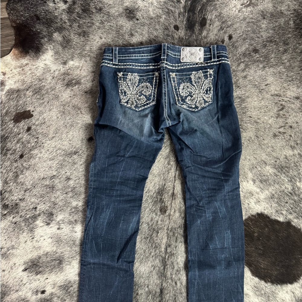 Miss Me Dark Blue Skinny Jeans with Embellished Fleur Pockets